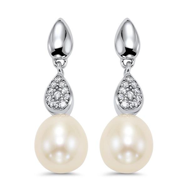 EARRINGS - Sterling Silver Pearl And CZ Drop Earrings