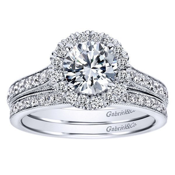 ENGAGEMENT - 1.47cttw Round Halo Diamond Engagement Ring With Bead Set Side Diamonds