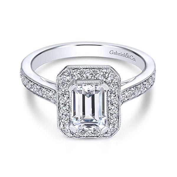 ENGAGEMENT - 1.50cttw Emerald Cut Bead Set Halo Diamond Engagement Ring With 7x5mm Center Diamond