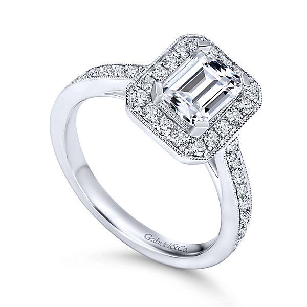 ENGAGEMENT - 1.50cttw Emerald Cut Bead Set Halo Diamond Engagement Ring With 7x5mm Center Diamond