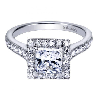ENGAGEMENT - 1.75cttw Princess Cut Halo Diamond Engagement Ring With Bead Set Side Diamonds