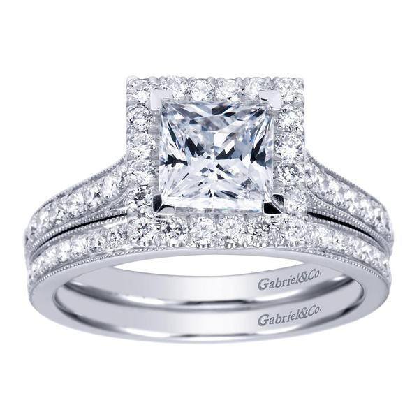 ENGAGEMENT - 1.75cttw Princess Cut Halo Diamond Engagement Ring With Bead Set Side Diamonds
