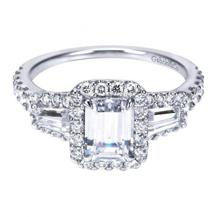 ENGAGEMENT - 1.84cttw Halo Emerald Cut And Baguette Diamond Engagement Ring