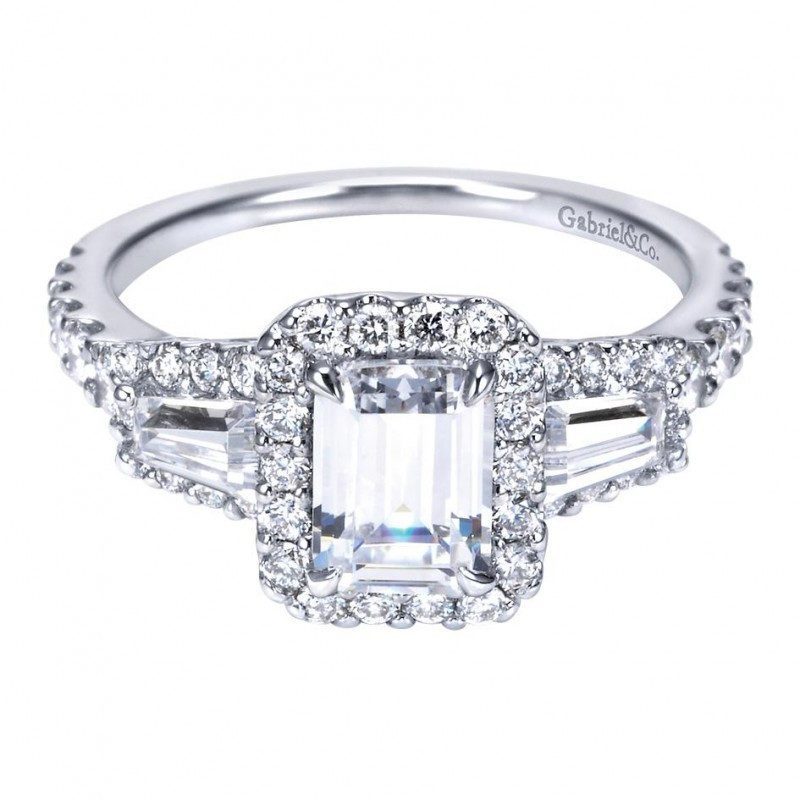 ENGAGEMENT - 1.84cttw Halo Emerald Cut And Baguette Diamond Engagement Ring