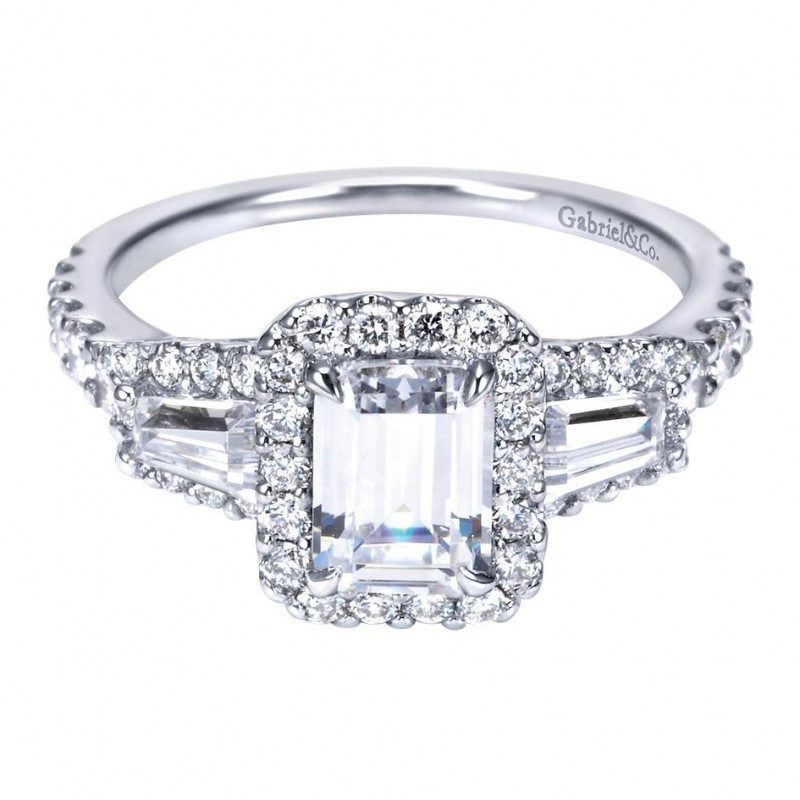 Square Baguette Diamond Engagement Ring with Studded Shank - Abhika Jewels