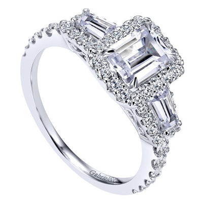 ENGAGEMENT - 1.84cttw Halo Emerald Cut And Baguette Diamond Engagement Ring