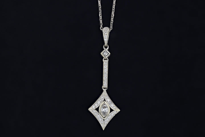 Estate 14K White Gold Marquis Vintage Drop Necklace