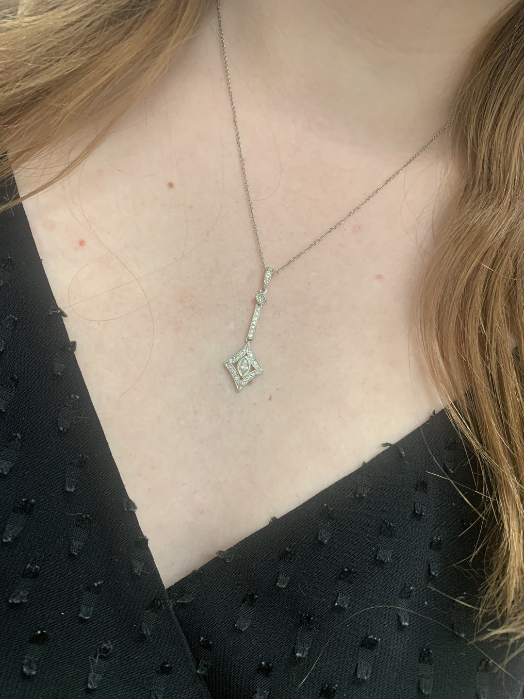 Estate 14K White Gold Marquis Vintage Drop Necklace