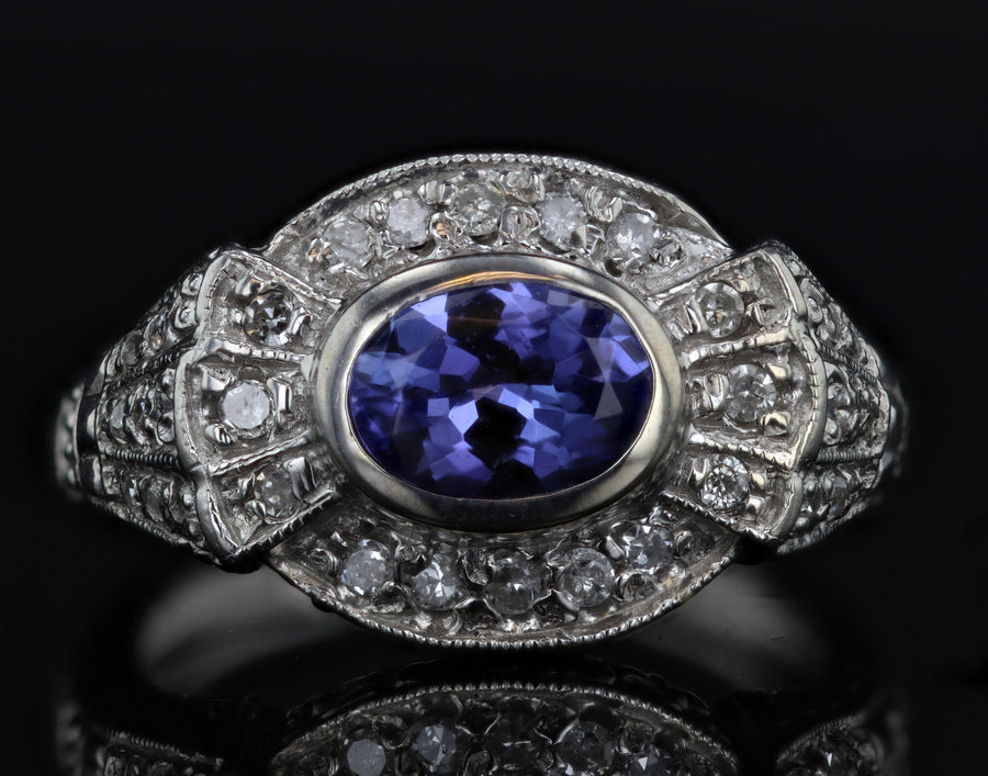 Estate 14K White Gold Tanzanite And Diamond Dome Ring