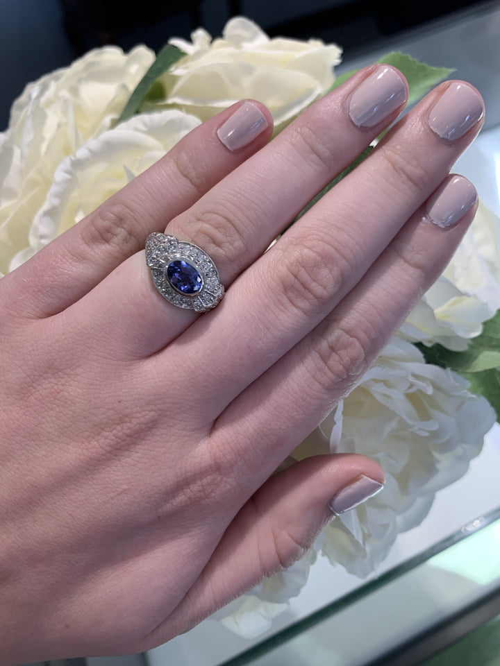 Estate 14K White Gold Tanzanite And Diamond Dome Ring