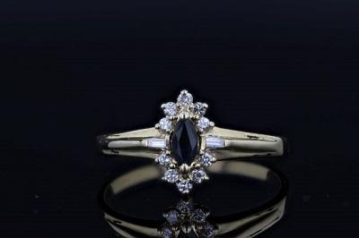 Estate Ring - Estate 14K Yellow Gold Blue Sapphire Marquise & Diamond Halo Ring