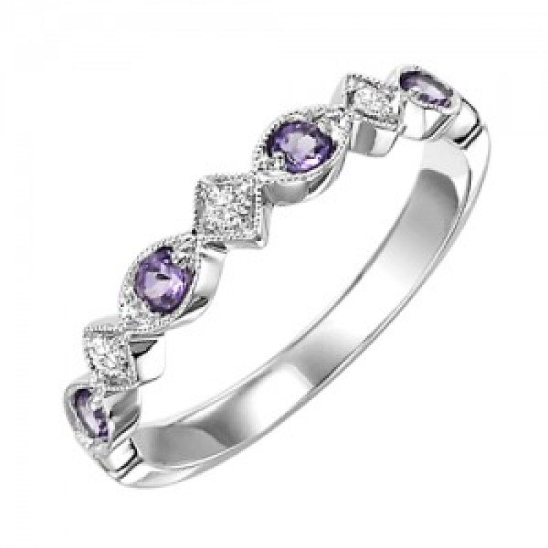 JEWELRY - 10k White Gold Diamond And Amethyst Birthstone Ring