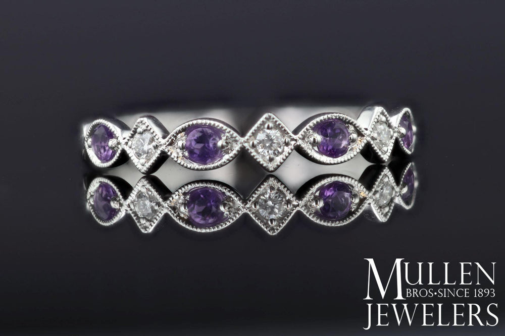 JEWELRY - 10k White Gold Diamond And Amethyst Birthstone Ring