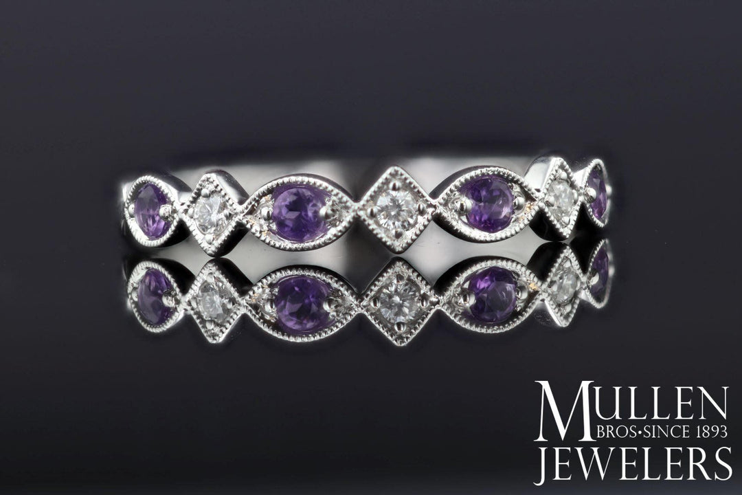 JEWELRY - 10k White Gold Diamond And Amethyst Birthstone Ring