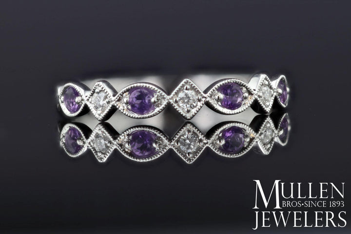 JEWELRY - 10k White Gold Diamond And Amethyst Birthstone Ring