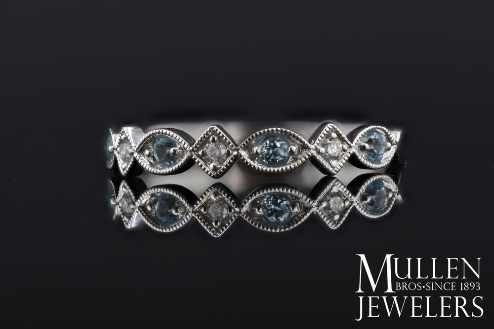 JEWELRY - 10k White Gold Diamond And Aquamarine Birthstone Ring