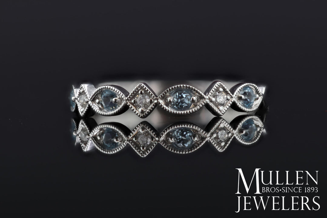 JEWELRY - 10k White Gold Diamond And Aquamarine Birthstone Ring