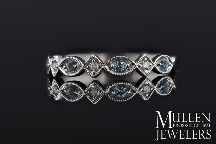 JEWELRY - 10k White Gold Diamond And Aquamarine Birthstone Ring