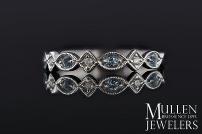 JEWELRY - 10k White Gold Diamond And Aquamarine Birthstone Ring