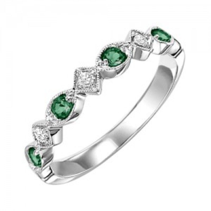 JEWELRY - 10k White Gold Diamond And Emerald Birthstone Ring