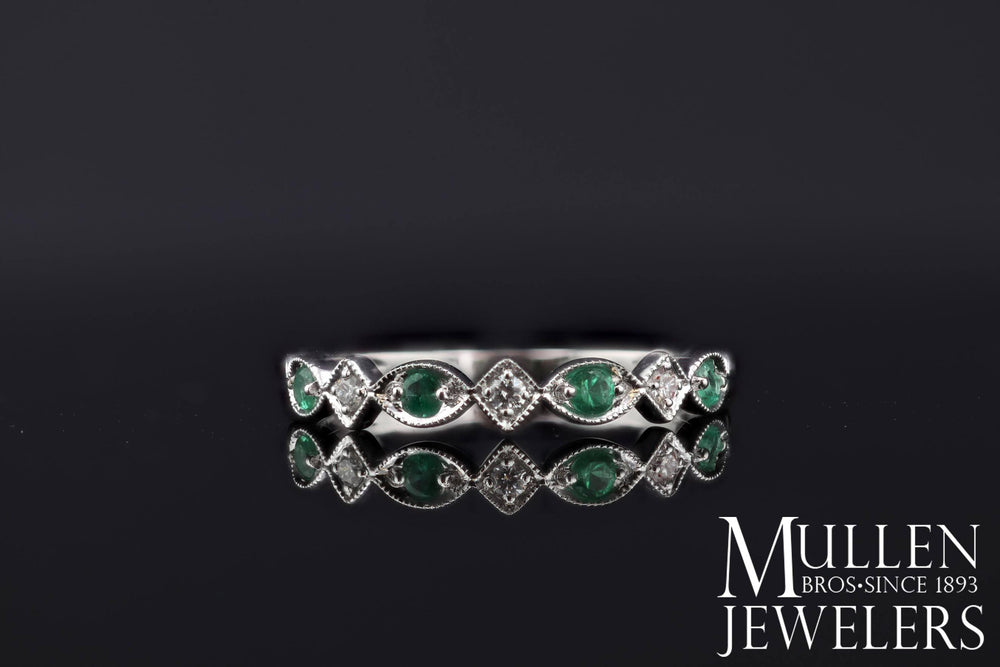 JEWELRY - 10k White Gold Diamond And Emerald Birthstone Ring