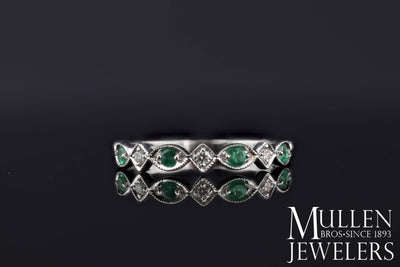 JEWELRY - 10k White Gold Diamond And Emerald Birthstone Ring