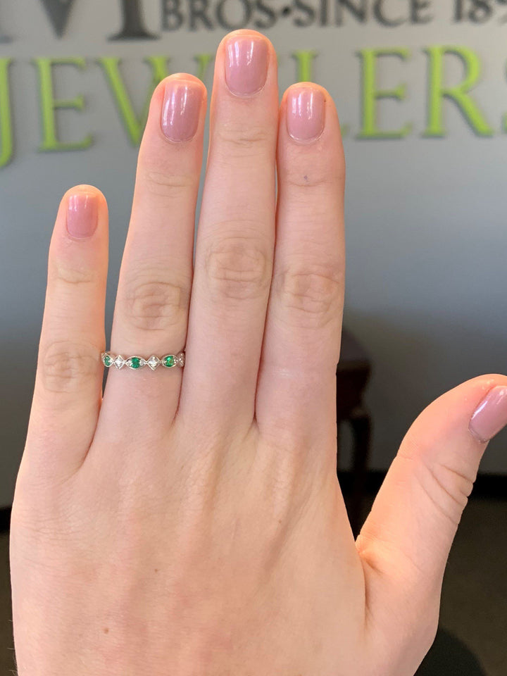 JEWELRY - 10k White Gold Diamond And Emerald Birthstone Ring