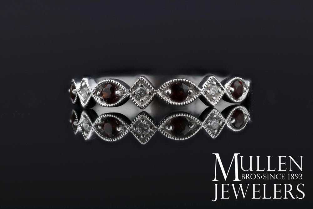 JEWELRY - 10k White Gold Diamond And Garnet Birthstone Ring