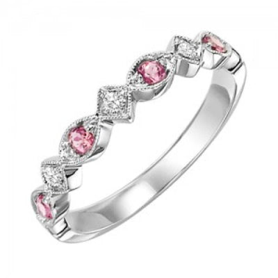 JEWELRY - 10k White Gold Diamond And Pink Tourmaline Birthstone Ring