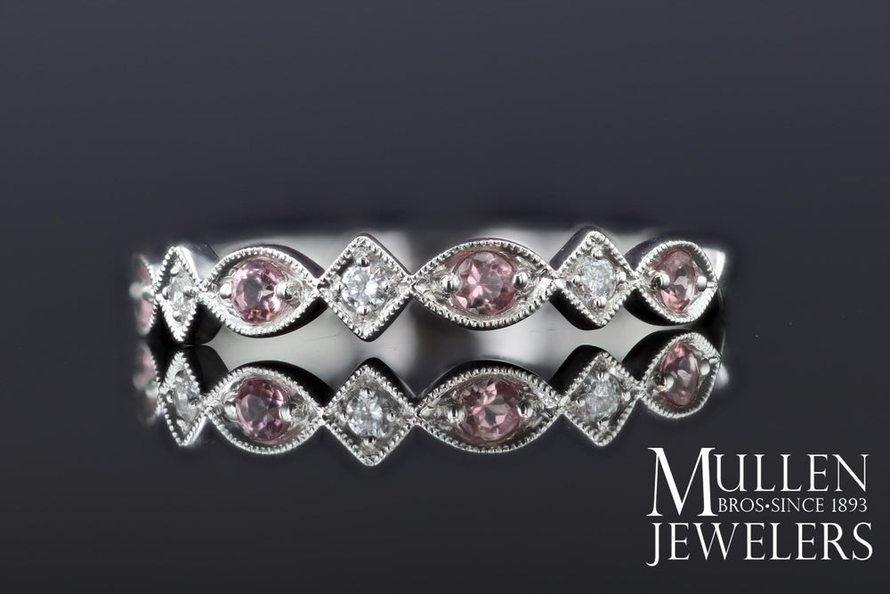 JEWELRY - 10k White Gold Diamond And Pink Tourmaline Birthstone Ring