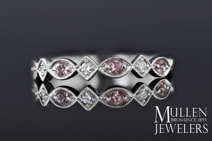 JEWELRY - 10k White Gold Diamond And Pink Tourmaline Birthstone Ring