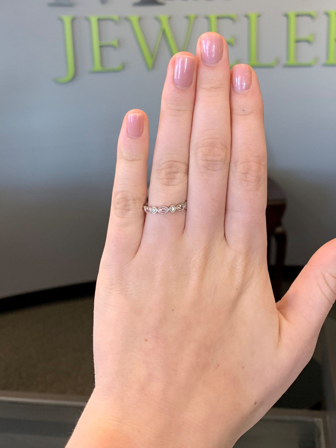 JEWELRY - 10k White Gold Diamond And Pink Tourmaline Birthstone Ring