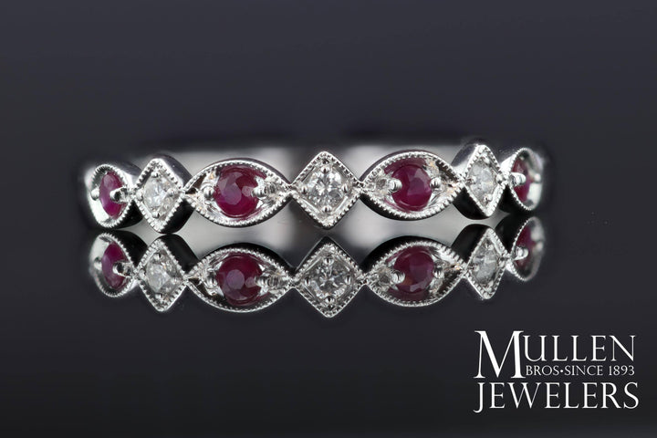 JEWELRY - 10k White Gold Diamond And Ruby Birthstone Ring