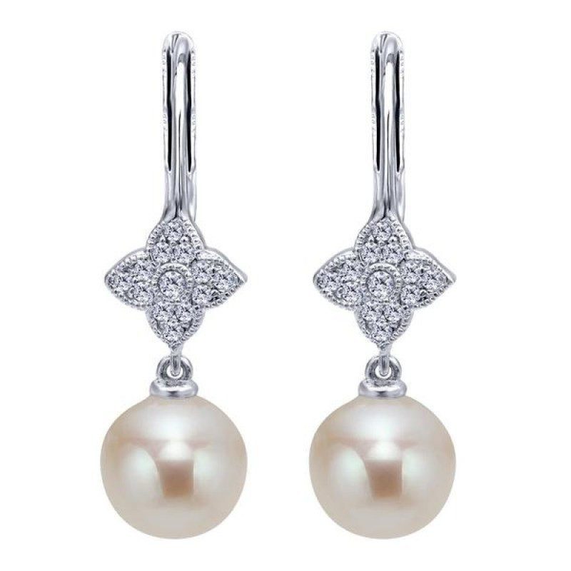JEWELRY - 14k White Gold Pearl And Diamond Vintage Style Cluster Drop Earrings
