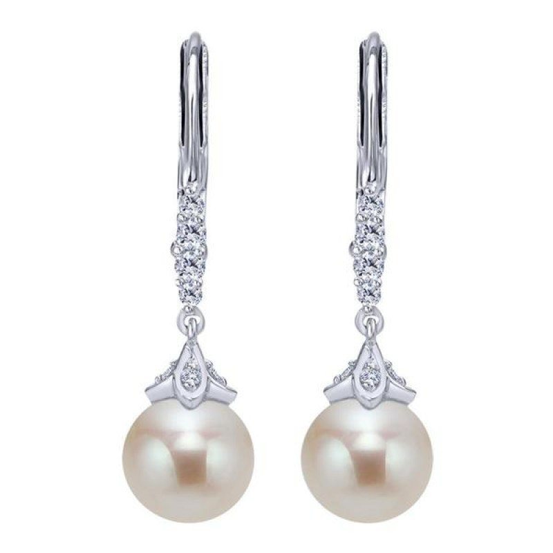 JEWELRY - 14k White Gold Pearl And Diamond Vintage Style Drop Earrings