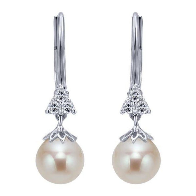 JEWELRY - 14k White Gold Pearl And Diamond Vintage Style Earrings