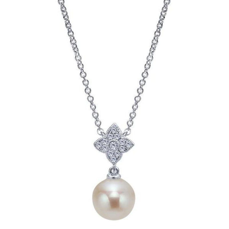 JEWELRY - 14k White Gold Pearl And Diamond Vintage Style Floral Necklace