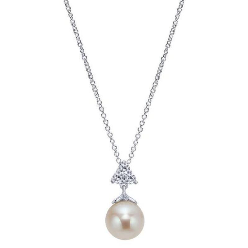 Pearl And Diamond Vintage Style Pendant 14K White Gold