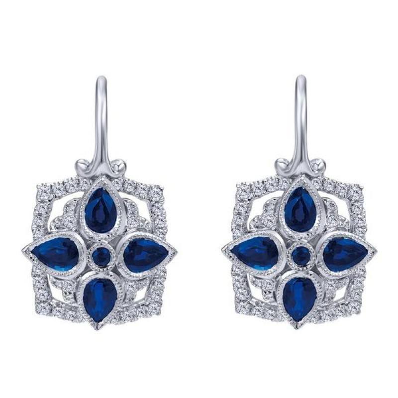 JEWELRY - 14k White Gold Sapphire And Diamond Vintage Style Leverback Earrings