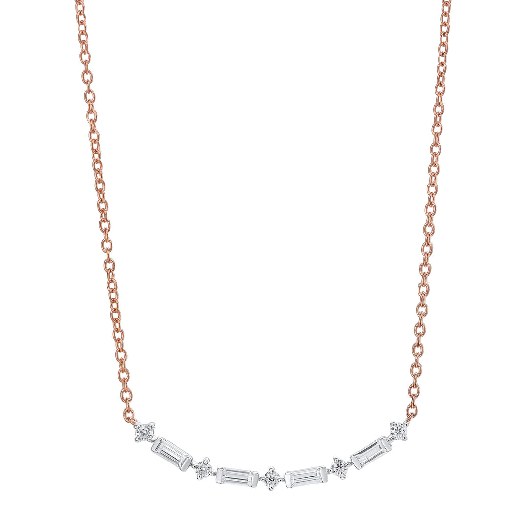 Necklace - 10k Two-Tone Rose Gold 1/4cttw Baguette And Round Diamond Bar Necklace