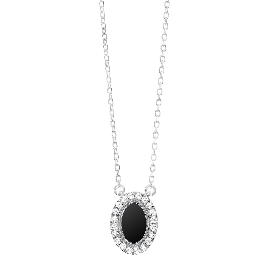 Necklace - Sterling Silver Black Onyx 1/10cttw Diamond Oval Halo Pendant