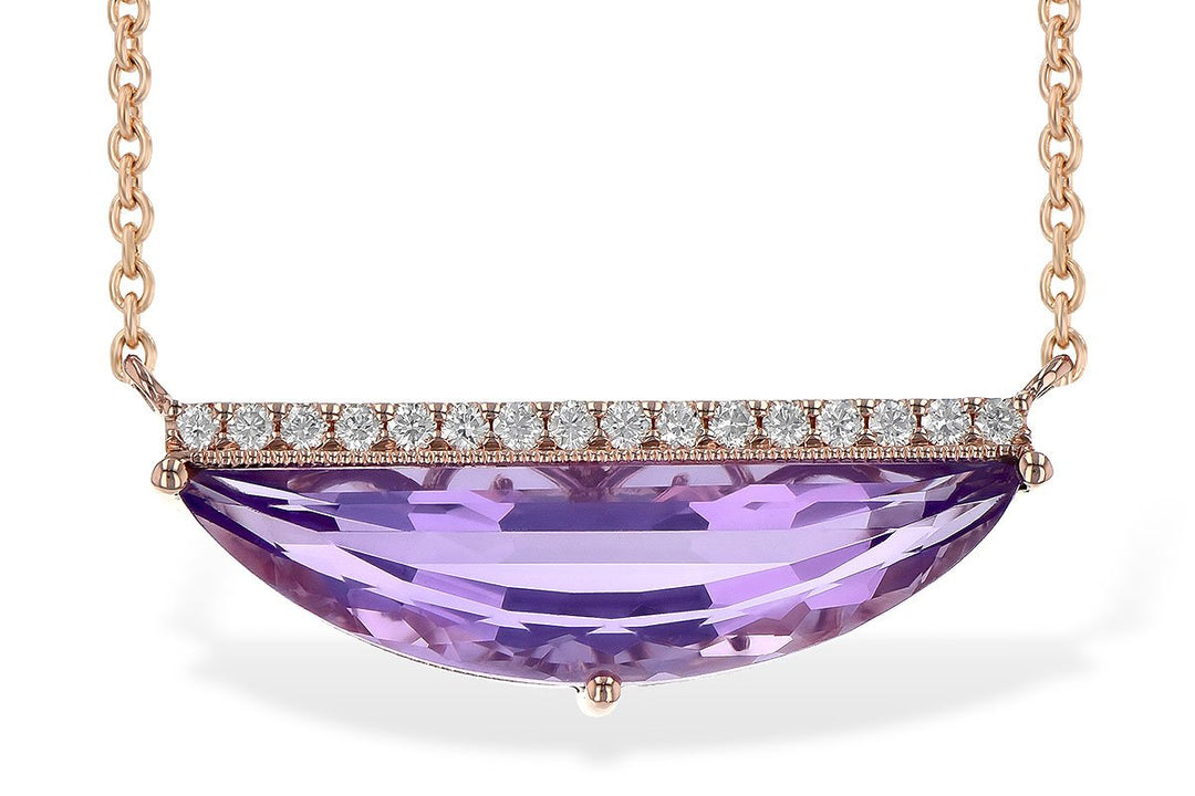 Elongated Half Oval Amethyst Diamond Necklace 14K Rose Gold