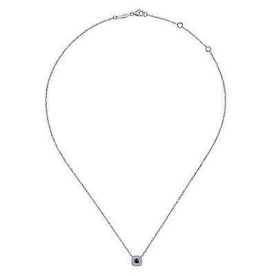 NECKLACES - 14K White Gold .07cttw Diamond And Sapphire Cushion Shaped Halo Necklace