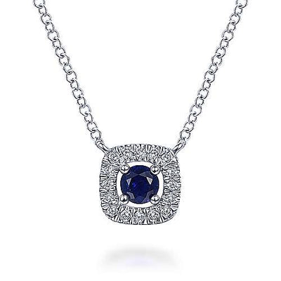 NECKLACES - 14K White Gold .07cttw Diamond And Sapphire Cushion Shaped Halo Necklace