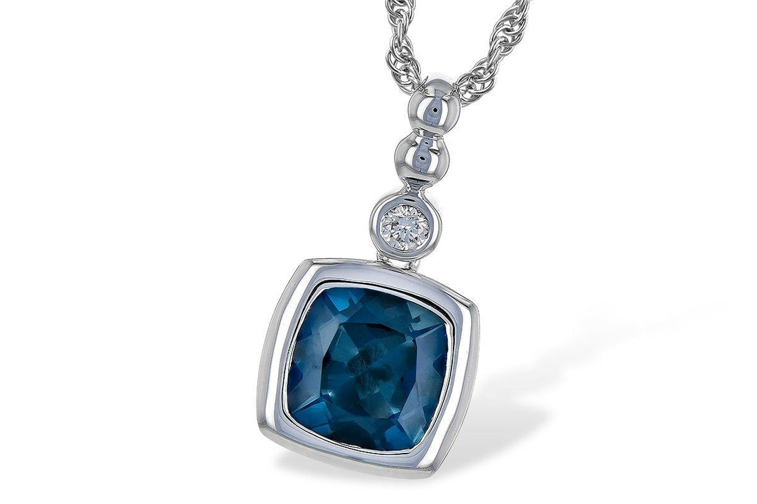 NECKLACES - 14K White Gold 1.50ct Cushion Cut London Blue Topaz Necklace With Bezel Diamond Accent