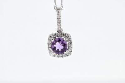 NECKLACES - 14K White Gold 5mm Round Amethyst Cushion Shaped Diamond Halo Pendant