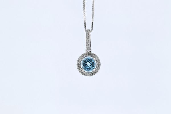 NECKLACES - 14K White Gold 5mm Round Blue Topaz Diamond Halo Pendant