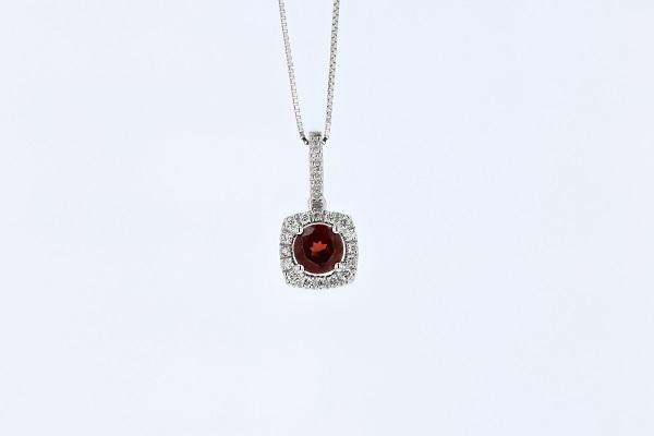 NECKLACES - 14K White Gold 5mm Round Garnet Cushion Shaped Diamond Halo Pendant