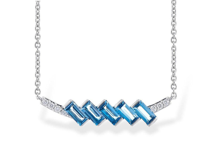 NECKLACES - 14K White Gold .75ct Emerald Cut London Blue Topaz & Diamond Diagonal Bar Necklace