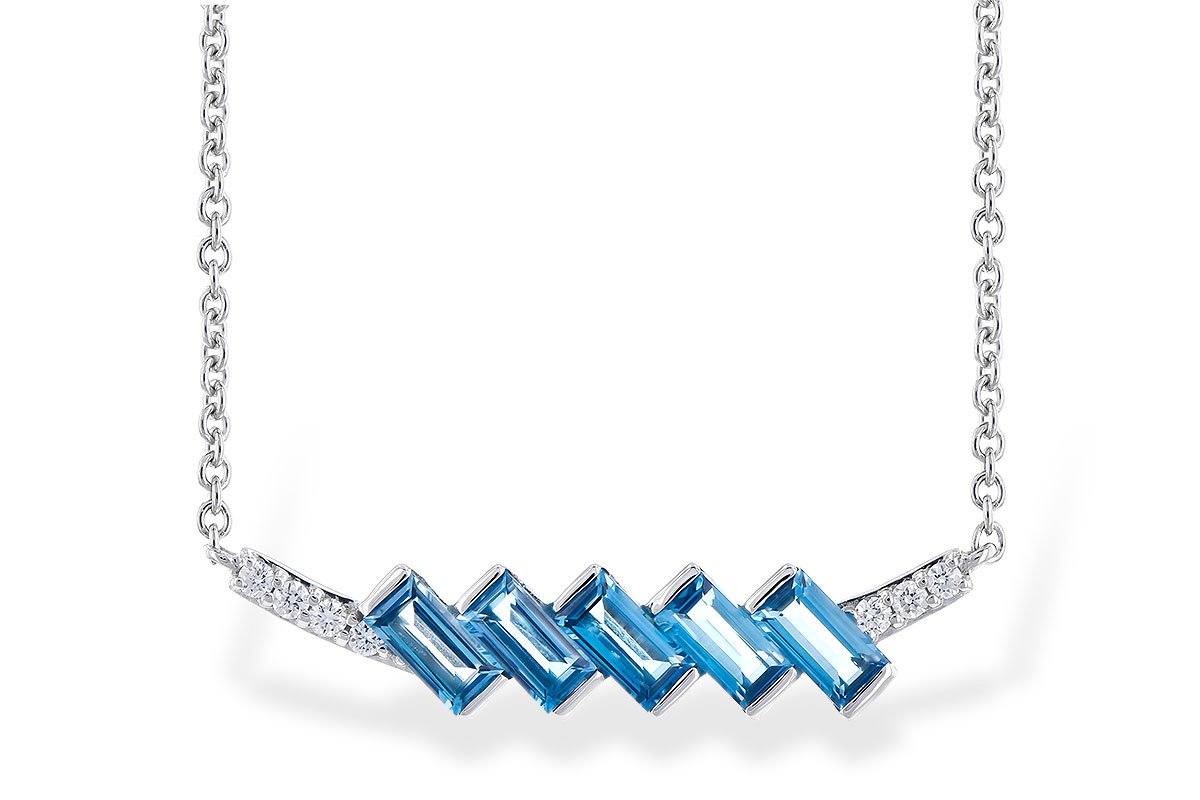 NECKLACES - 14K White Gold .75ct Emerald Cut London Blue Topaz & Diamond Diagonal Bar Necklace
